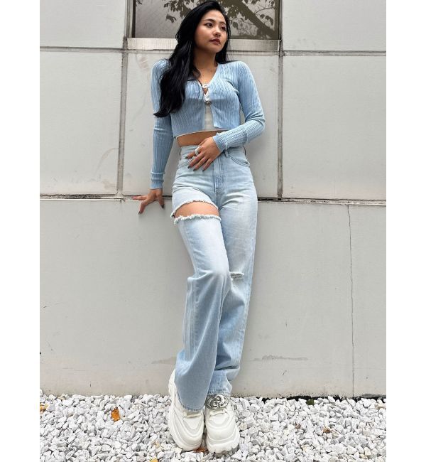 GYDA「ハイウエストSIDE RIPPEDストレートワイドデニムパンツ」|デニム|