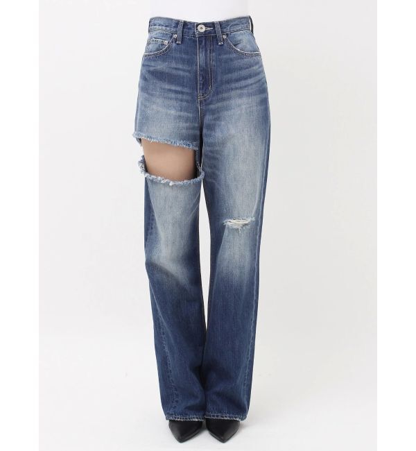 GYDA「ハイウエストSIDE RIPPEDストレートワイドデニムパンツ」|デニム|