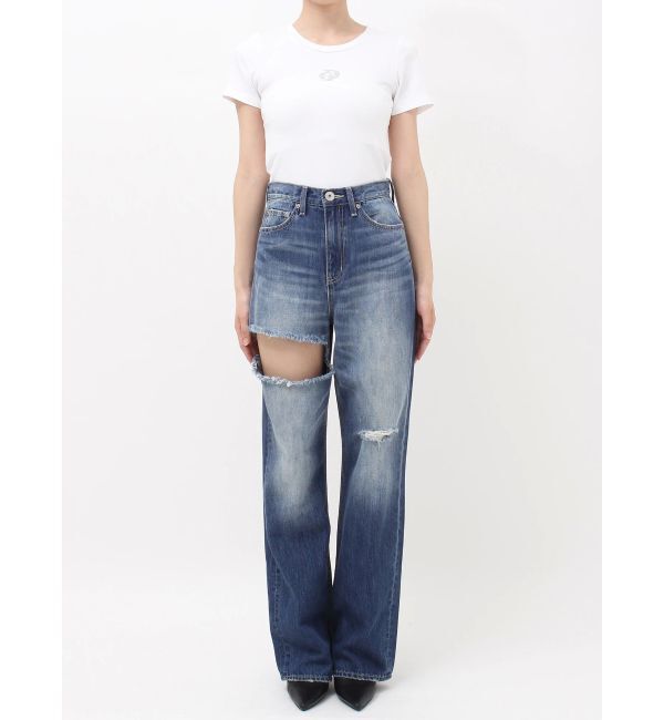 GYDA「ハイウエストSIDE RIPPEDストレートワイドデニムパンツ」|デニム|