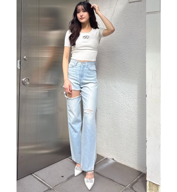 GYDA「ハイウエストSIDE RIPPEDストレートワイドデニムパンツ」|デニム|