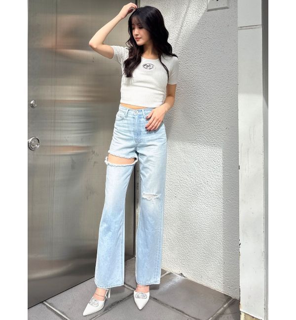 GYDA「ハイウエストSIDE RIPPEDストレートワイドデニムパンツ」|デニム|