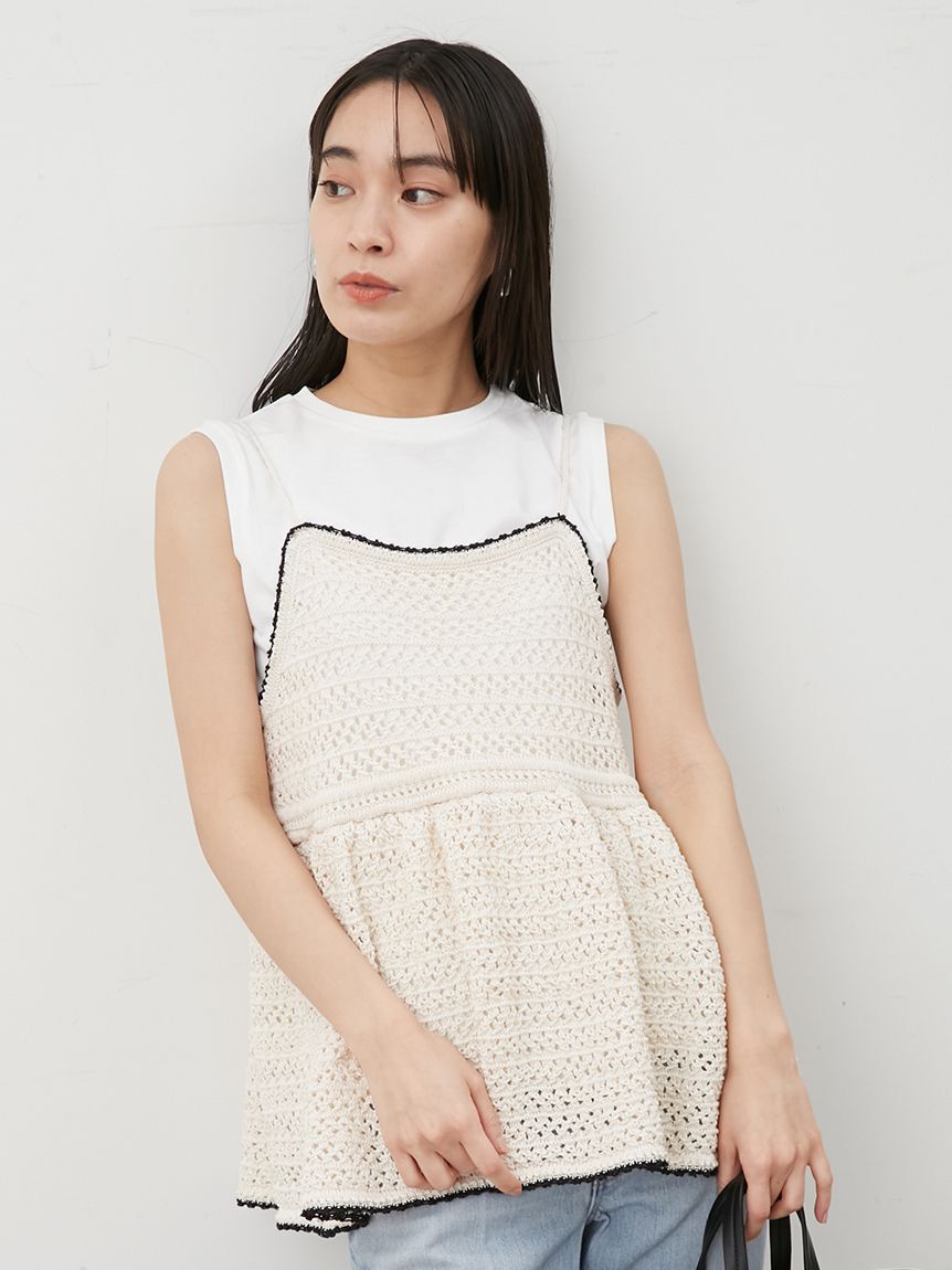 Mila Owen「【ウォッシャブル】クロシェニットキャミ&times;ノースリトップス」|キャミソール|