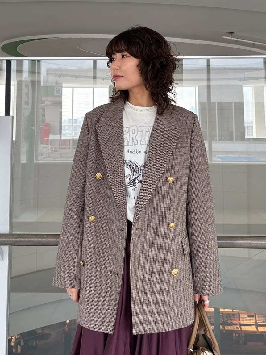 Mila Owen「チェック金釦ダブルブレストロングブレザー」|テーラードジャケット|
