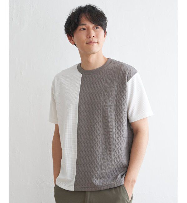 ikka「フクレジャガードワッフル切り替えTシャツ」|Tシャツ・カットソー|グレイ