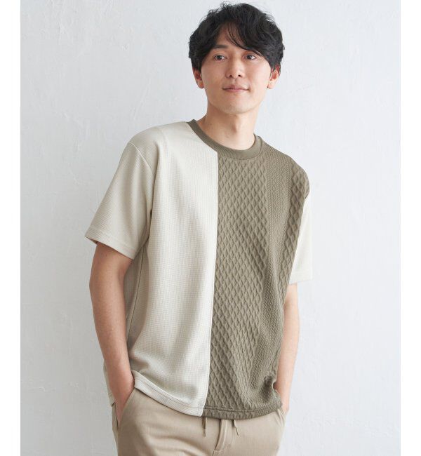 ikka「フクレジャガードワッフル切り替えTシャツ」|Tシャツ・カットソー|オリーブ