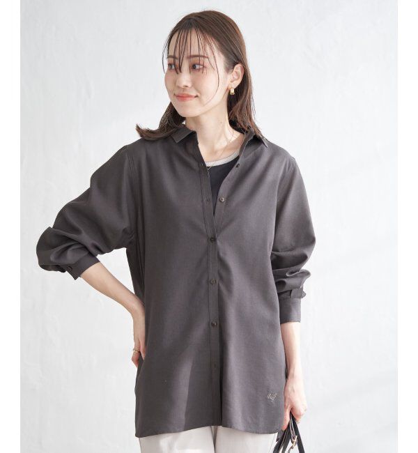 ikka「フレンチリネンMIX裾刺繍シャツ」|シャツ・ブラウス|チャコール