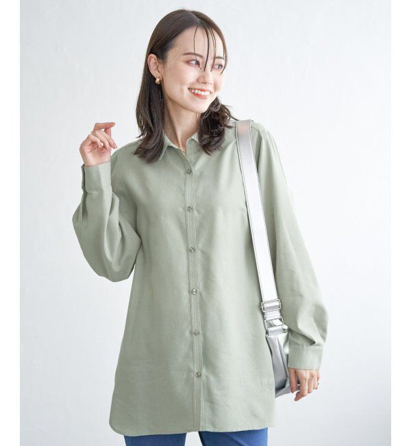 ikka「フレンチリネンMIX裾刺繍シャツ」|シャツ・ブラウス|グリーン