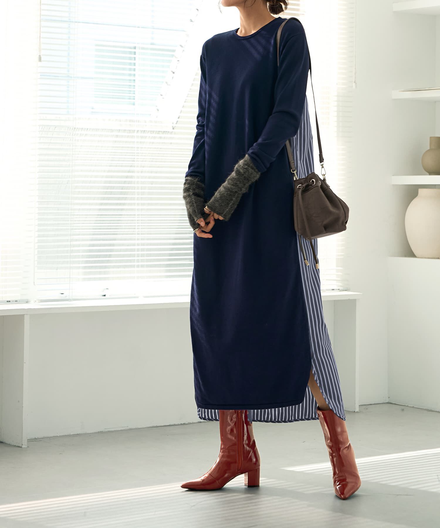 STYLE DELI「スムースハイゲージシャツ生地コンビワンピース」|ワンピース|