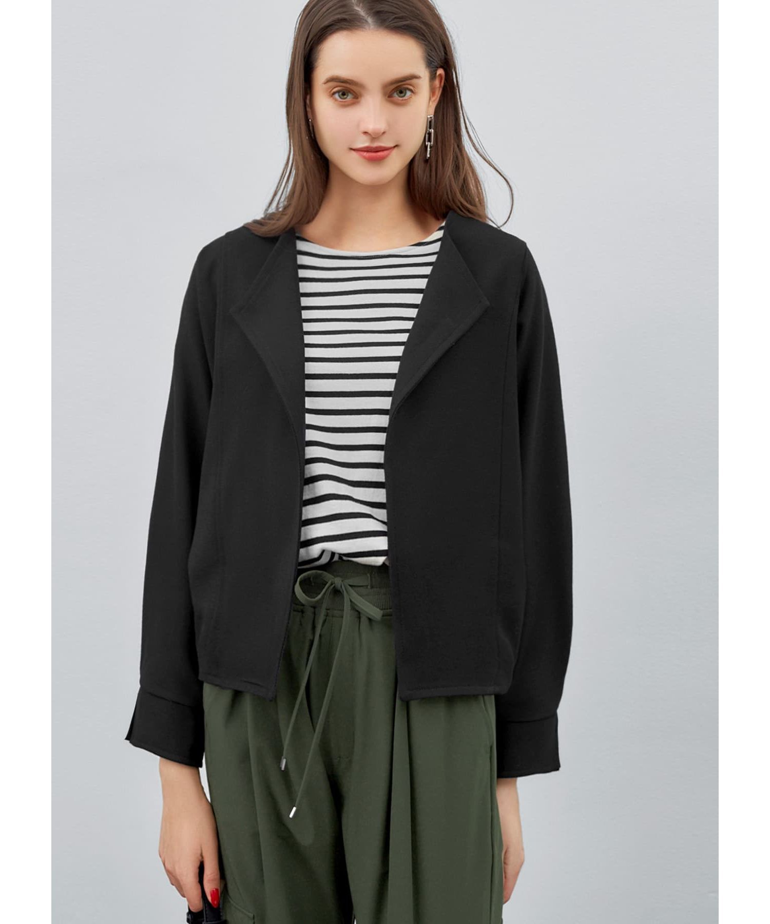 STYLE DELI「オープンカラードルマンジャケット」|ノーカラージャケット|ブラック