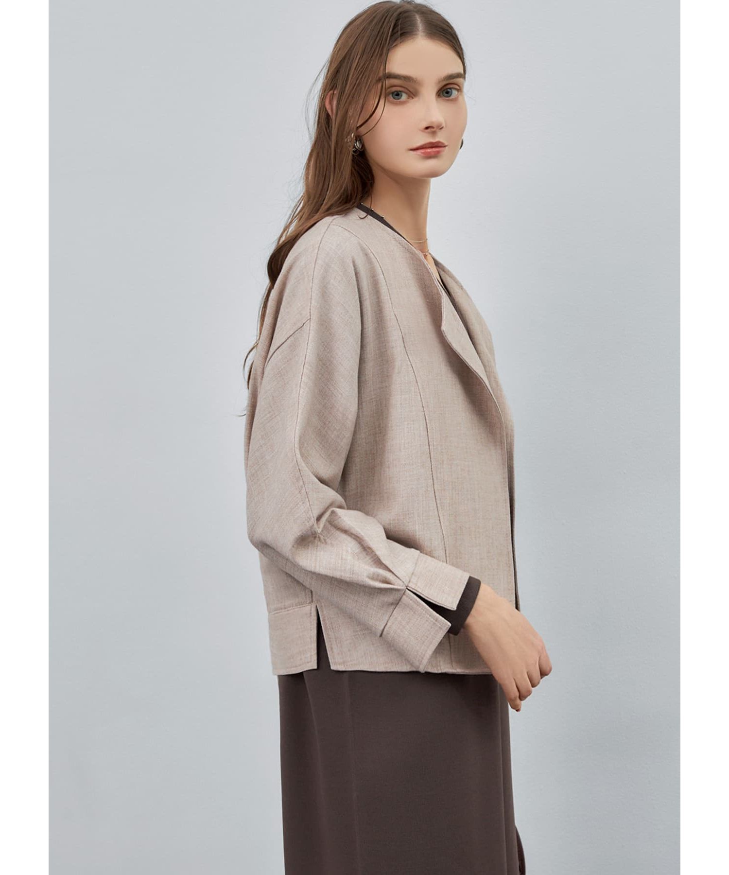 STYLE DELI「オープンカラードルマンジャケット」|ノーカラージャケット|