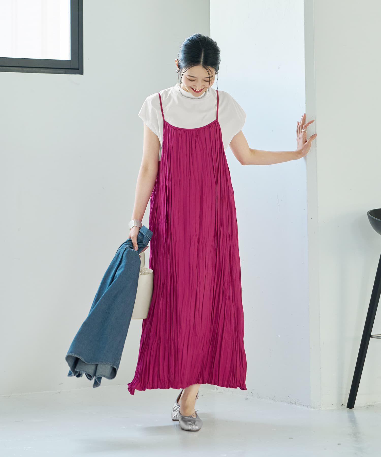 STYLE DELI「ランダムプリーツロングキャミワンピース」|ワンピース|フューシャピンク