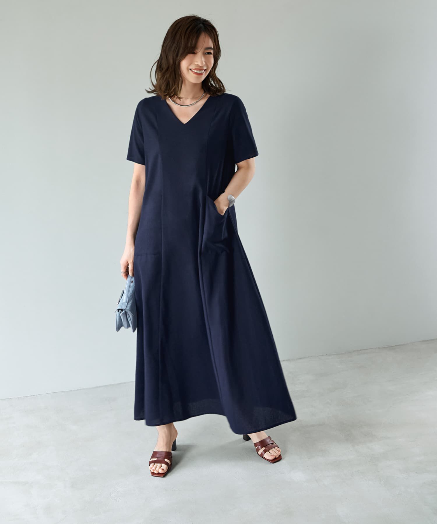 STYLE DELI「綿麻ポケット切替フレアロングワンピース」|ワンピース|