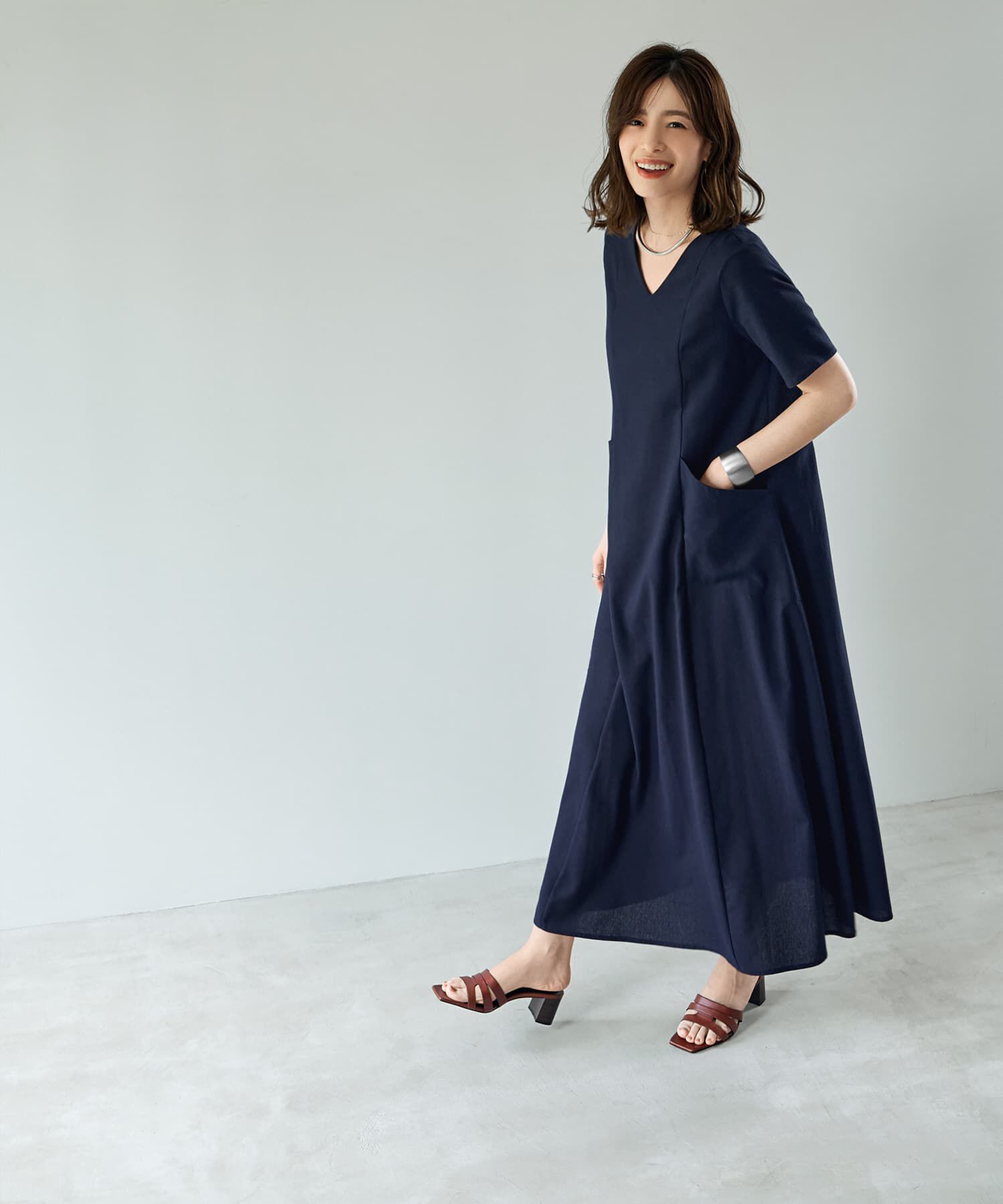 STYLE DELI「綿麻ポケット切替フレアロングワンピース」|ワンピース|