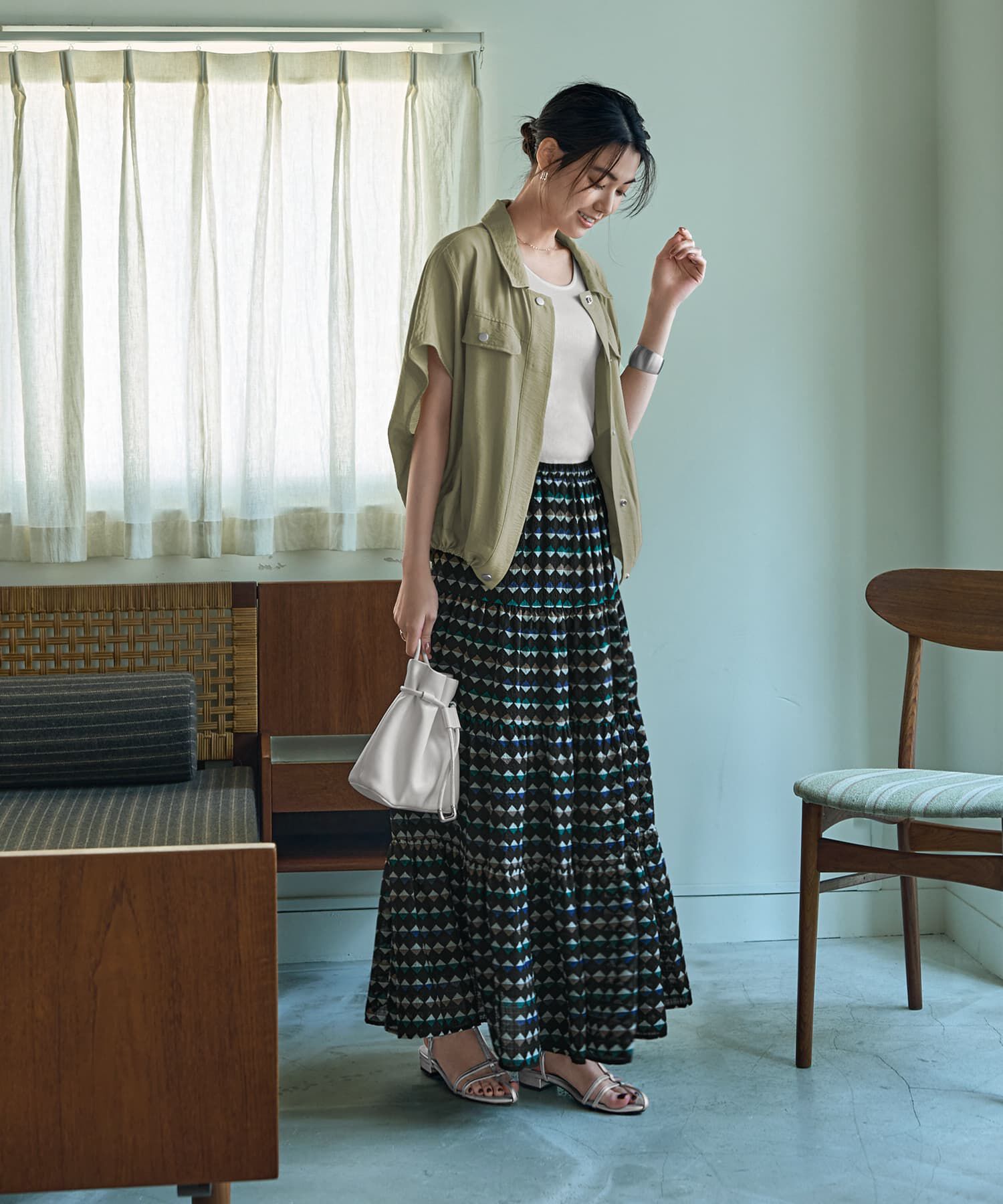 STYLE DELI「ひし形カラープリントティアードスカート」|フレア|ブラック