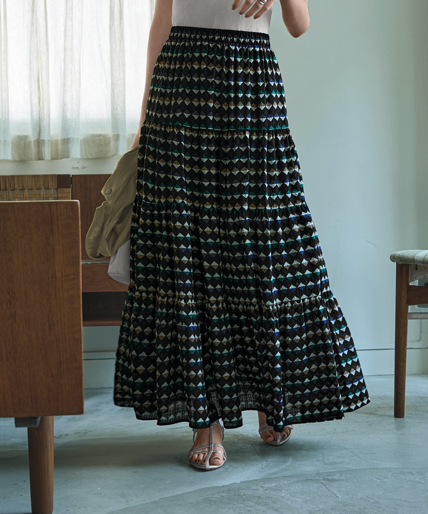 STYLE DELI「ひし形カラープリントティアードスカート」|フレア|