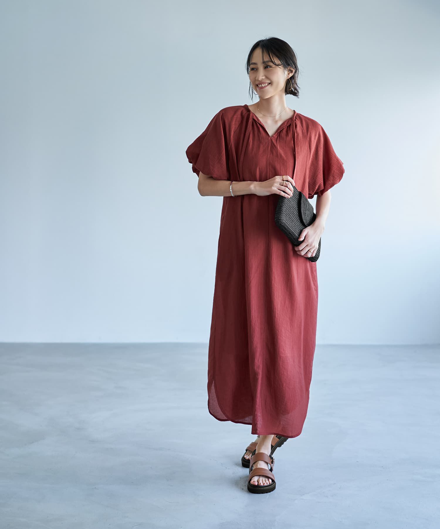 STYLE DELI「バルーンスリーブラグラン楊柳ワンピース」|ワンピース|スモーキーレッド
