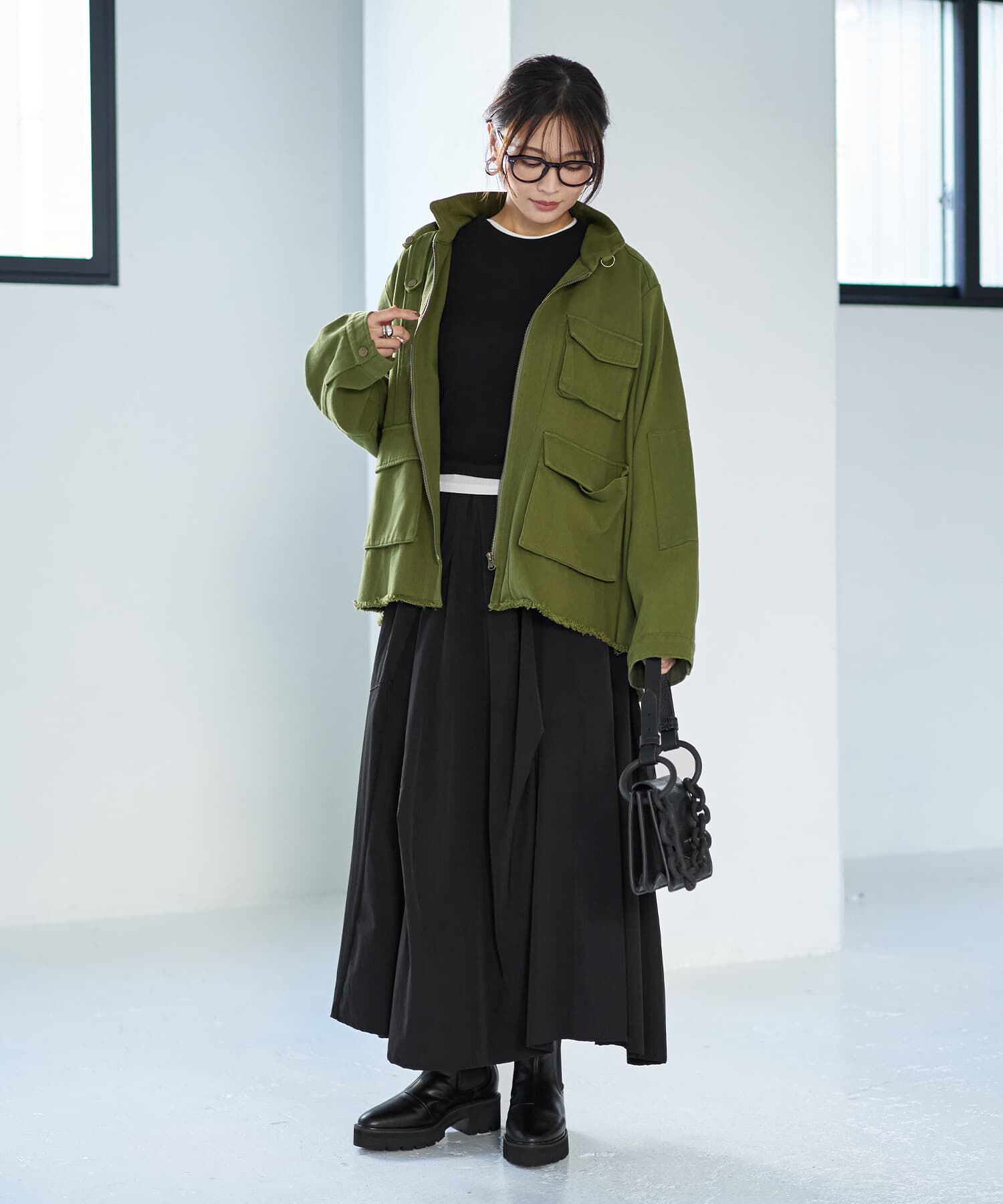 STYLE DELI「【LUXE】ストレッチタフタ立体タックスカート」|フレア|