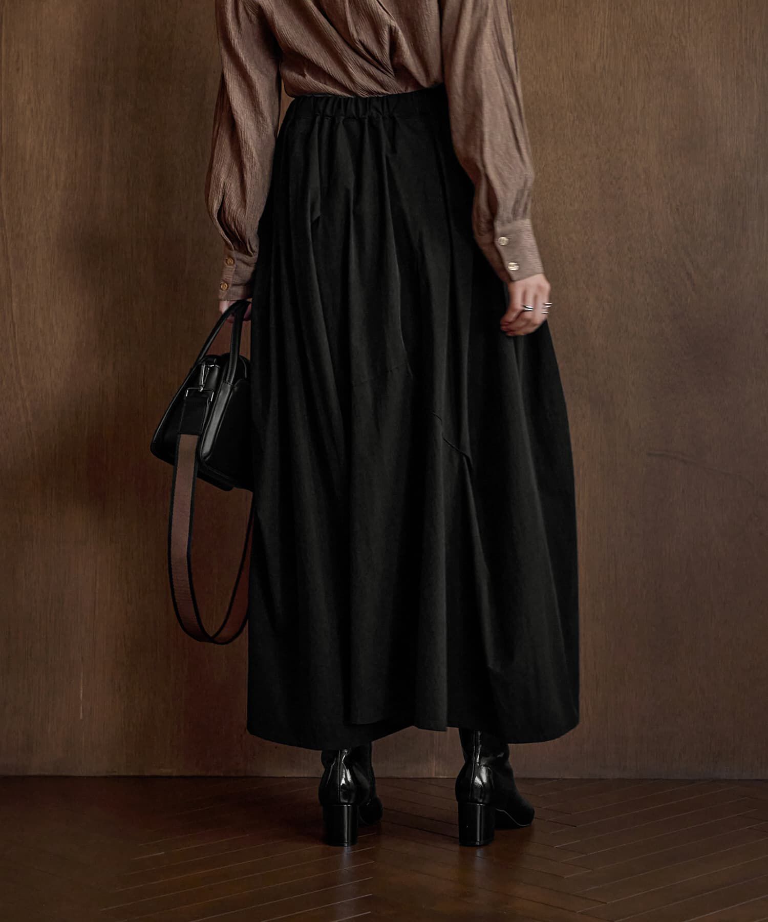 STYLE DELI「【LUXE】ストレッチタフタ立体タックスカート」|フレア|