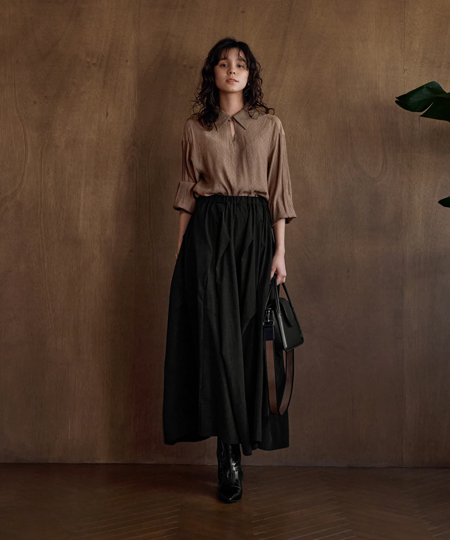 STYLE DELI「【LUXE】ストレッチタフタ立体タックスカート」|フレア|