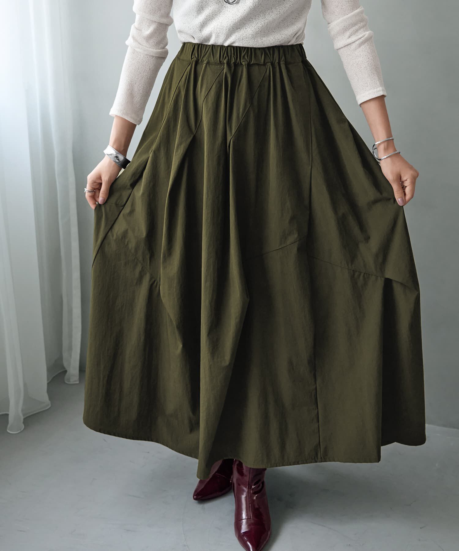 STYLE DELI「【LUXE】ストレッチタフタ立体タックスカート」|フレア|