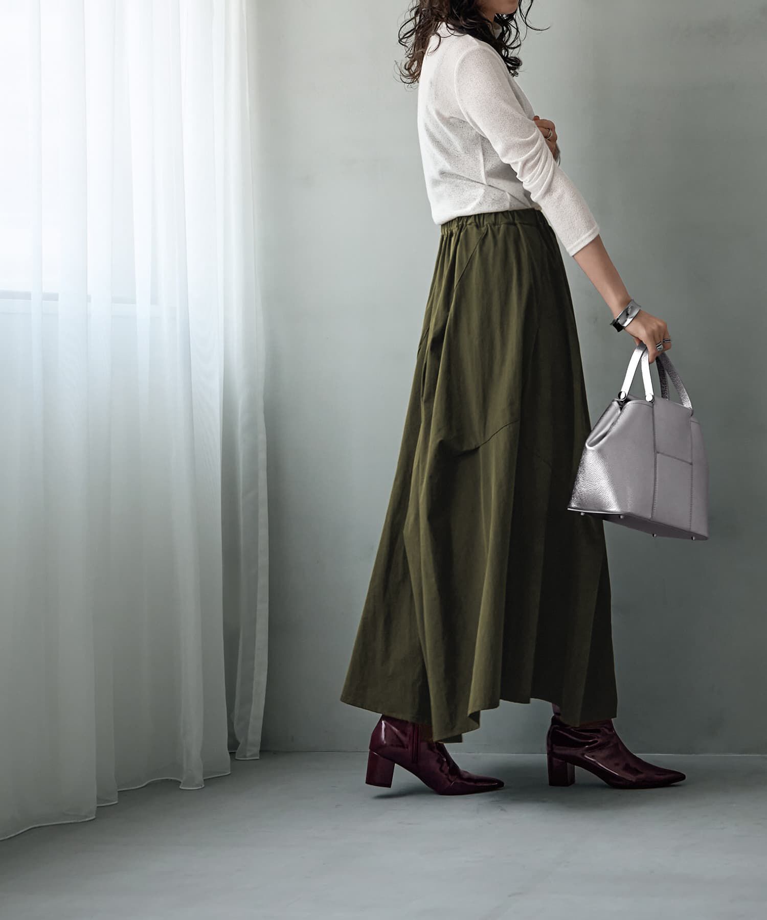 STYLE DELI「【LUXE】ストレッチタフタ立体タックスカート」|フレア|