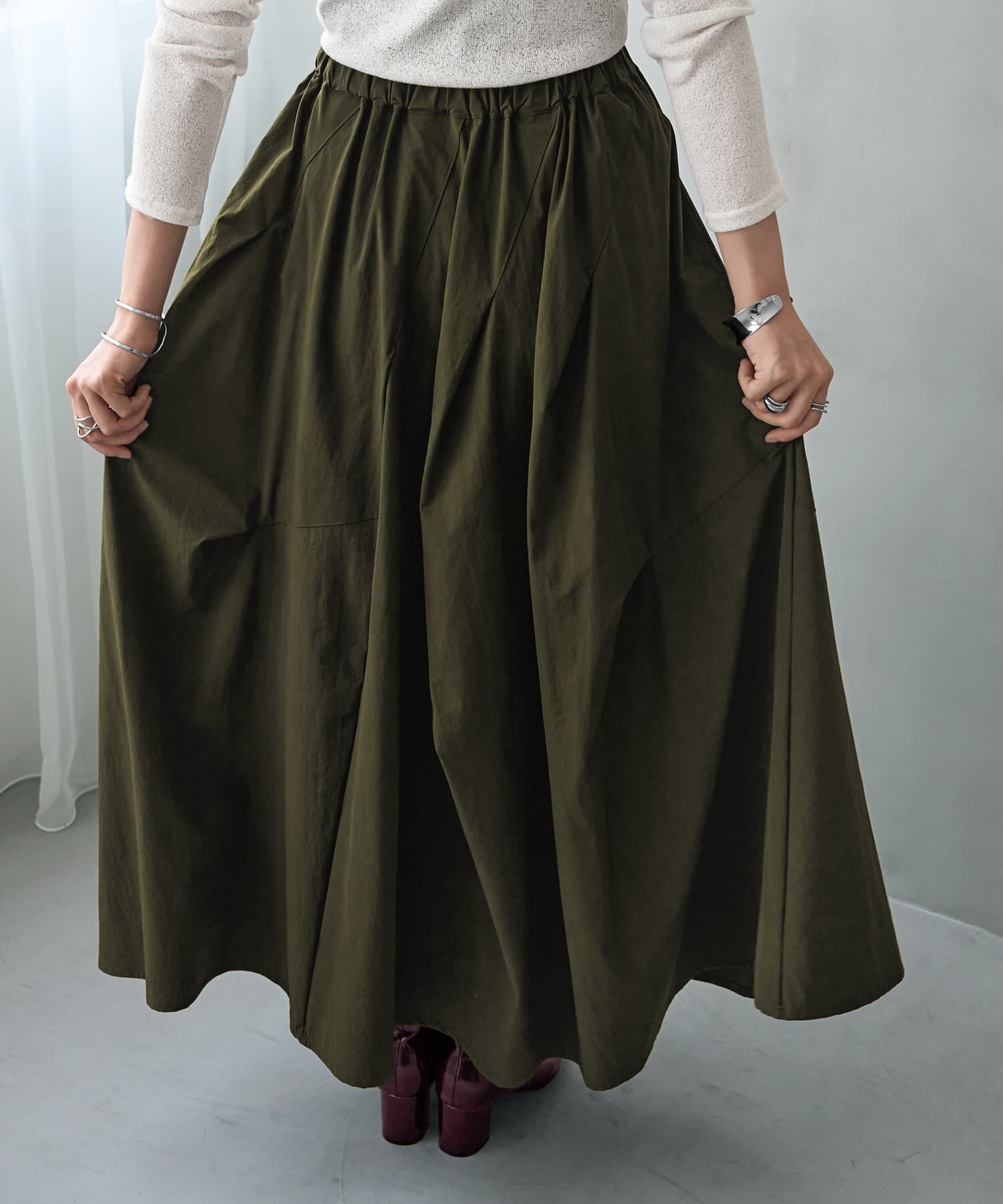 STYLE DELI「【LUXE】ストレッチタフタ立体タックスカート」|フレア|