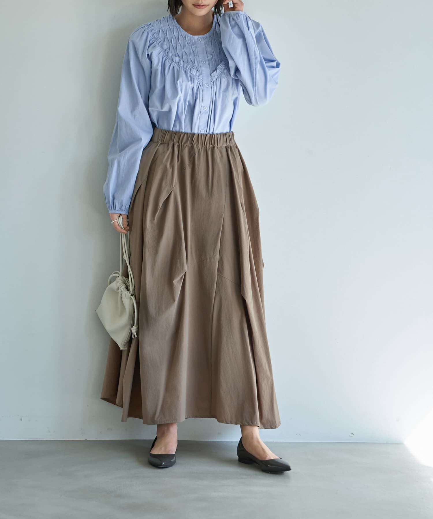 STYLE DELI「【LUXE】ストレッチタフタ立体タックスカート」|フレア|