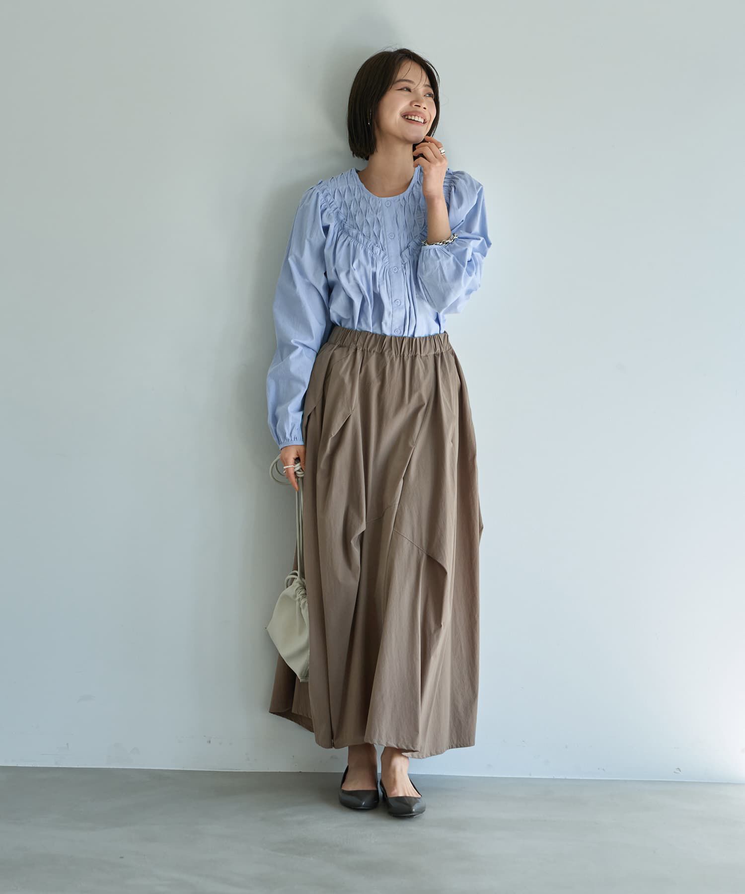 STYLE DELI「【LUXE】ストレッチタフタ立体タックスカート」|フレア|