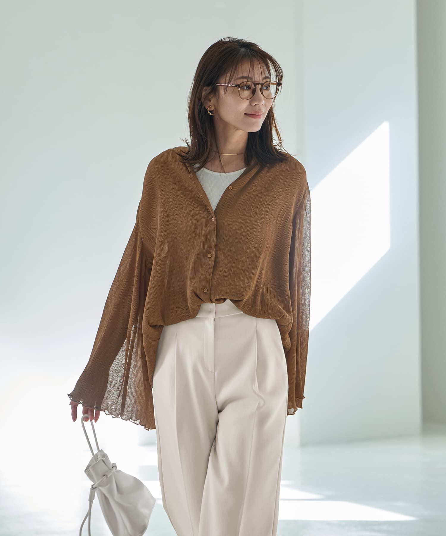 STYLE DELI「シャーリングシフォン楊柳風ブラウス」|シャツ・ブラウス|ブラウン