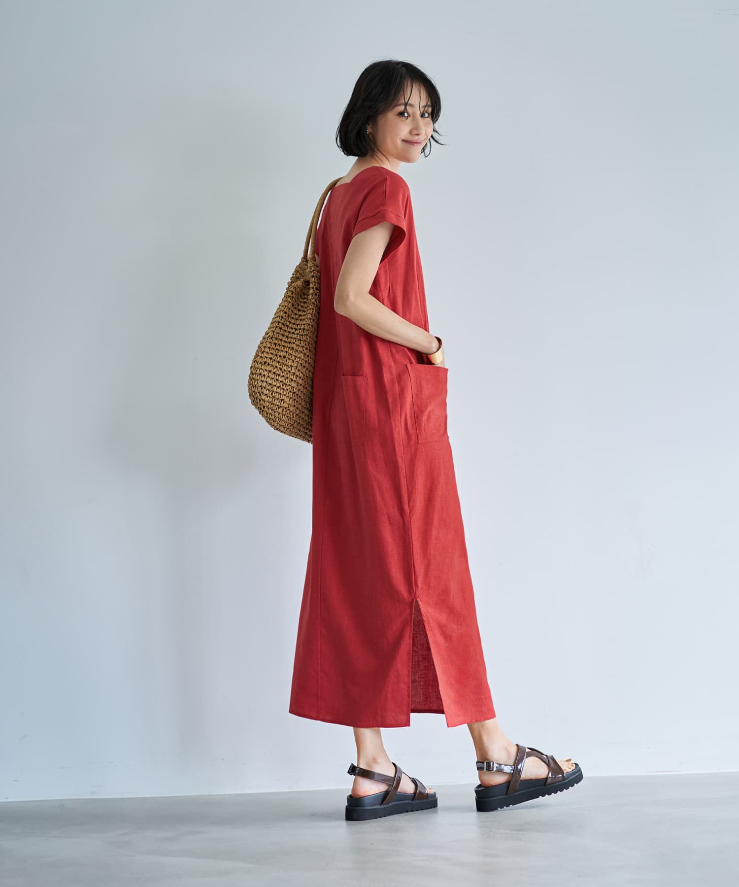 STYLE DELI「【LUXE】ファスナーVネック麻混ワンピース」|ワンピース|