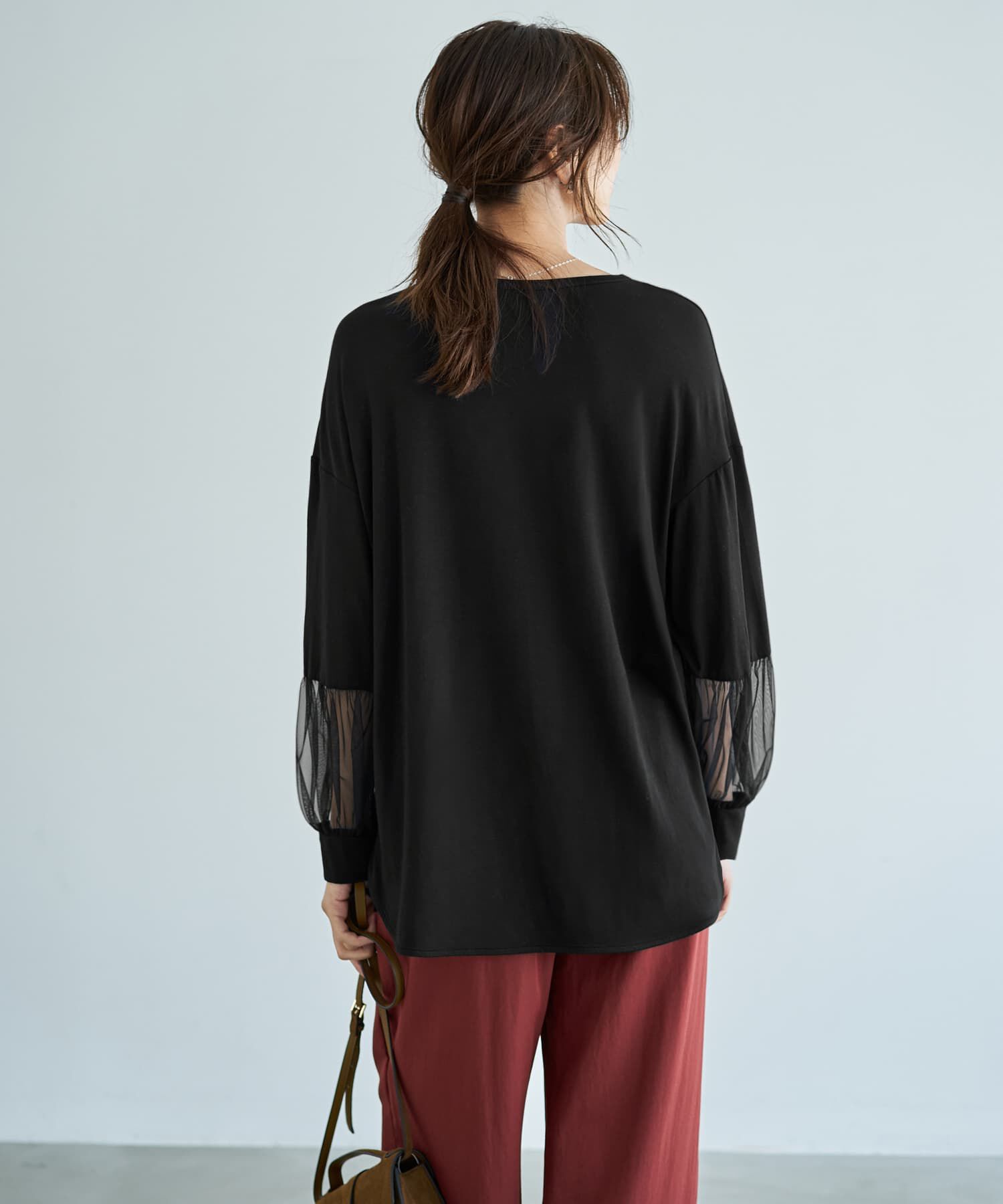 STYLE DELI「【Made in JAPAN】部分チュールのとろけるカットソートップス」|Tシャツ・カットソー|