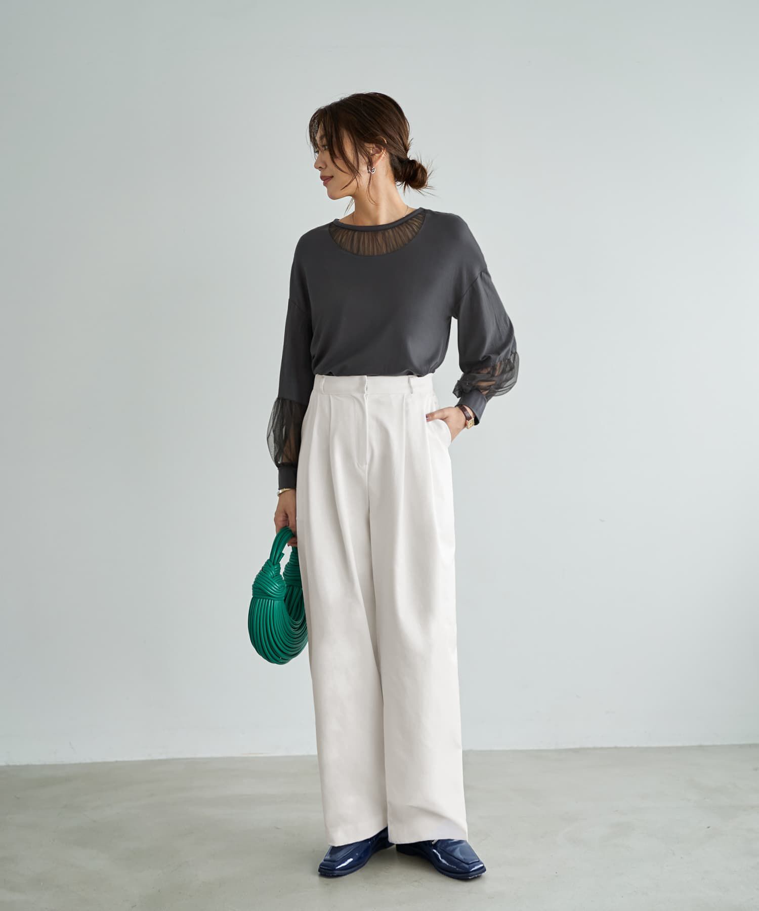 STYLE DELI「【Made in JAPAN】部分チュールのとろけるカットソートップス」|Tシャツ・カットソー|