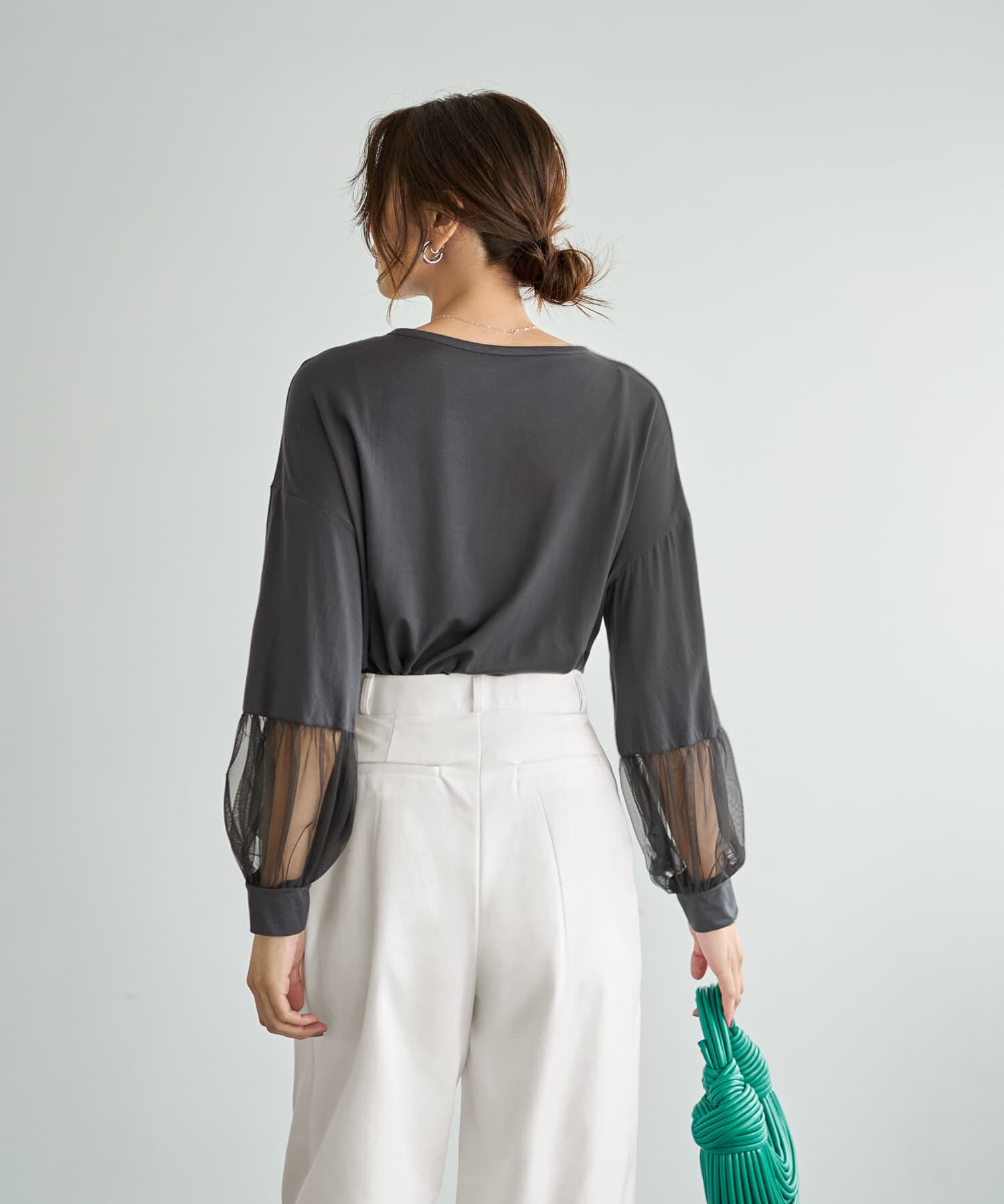 STYLE DELI「【Made in JAPAN】部分チュールのとろけるカットソートップス」|Tシャツ・カットソー|