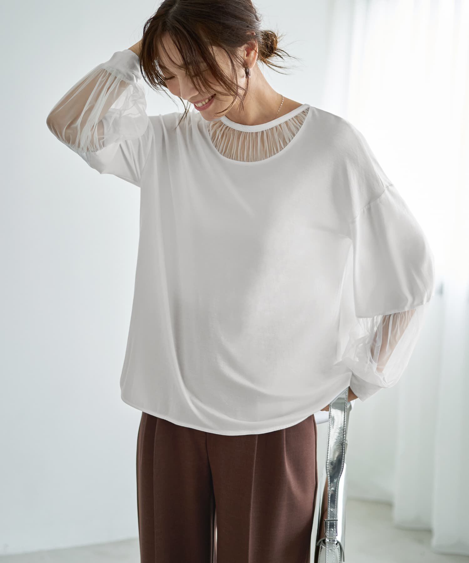 STYLE DELI「【Made in JAPAN】部分チュールのとろけるカットソートップス」|Tシャツ・カットソー|ホワイト