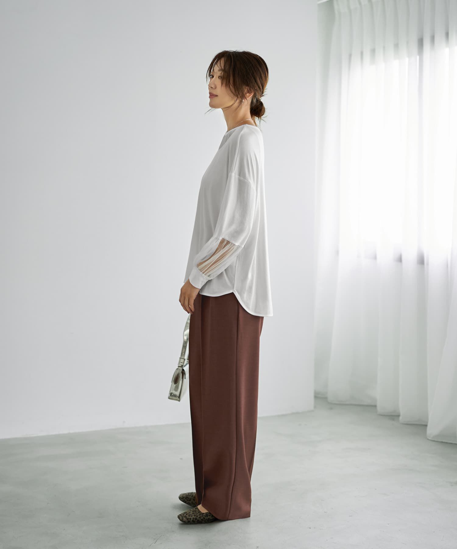 STYLE DELI「【Made in JAPAN】部分チュールのとろけるカットソートップス」|Tシャツ・カットソー|