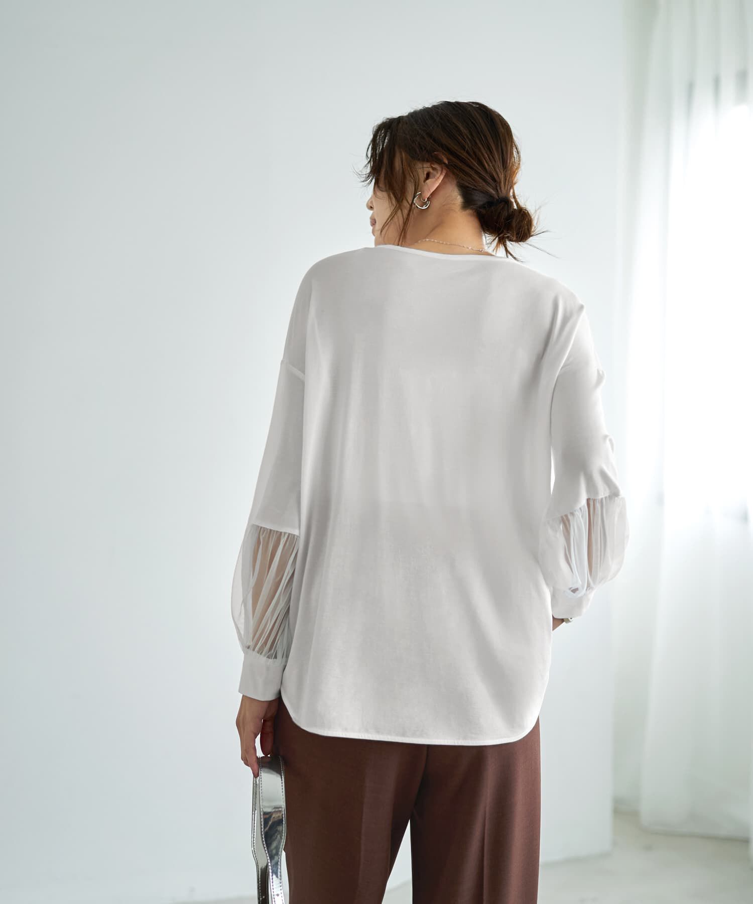 STYLE DELI「【Made in JAPAN】部分チュールのとろけるカットソートップス」|Tシャツ・カットソー|