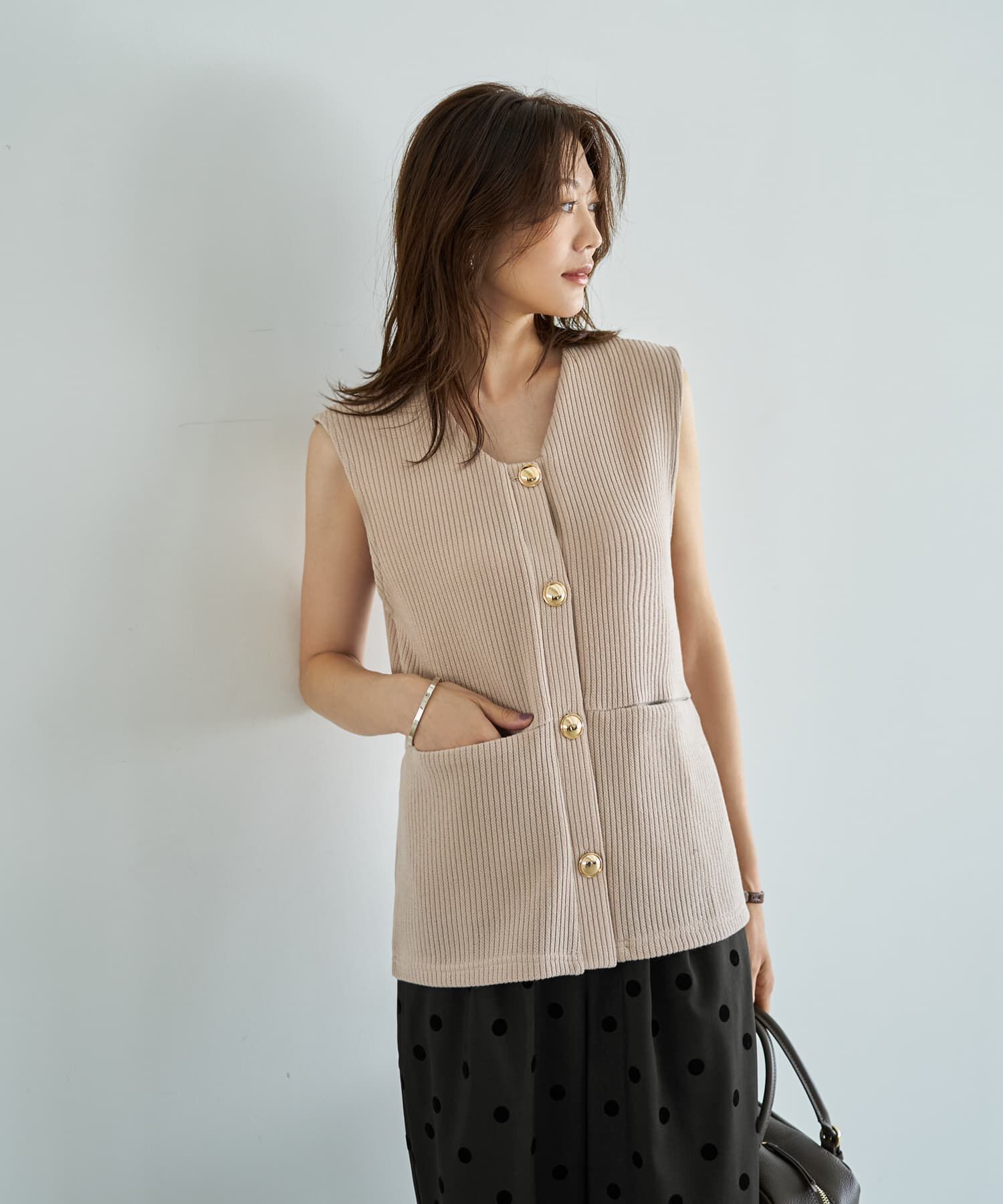 STYLE DELI「GOLDボタンリブニットソーベスト」|ベスト・ジレ|