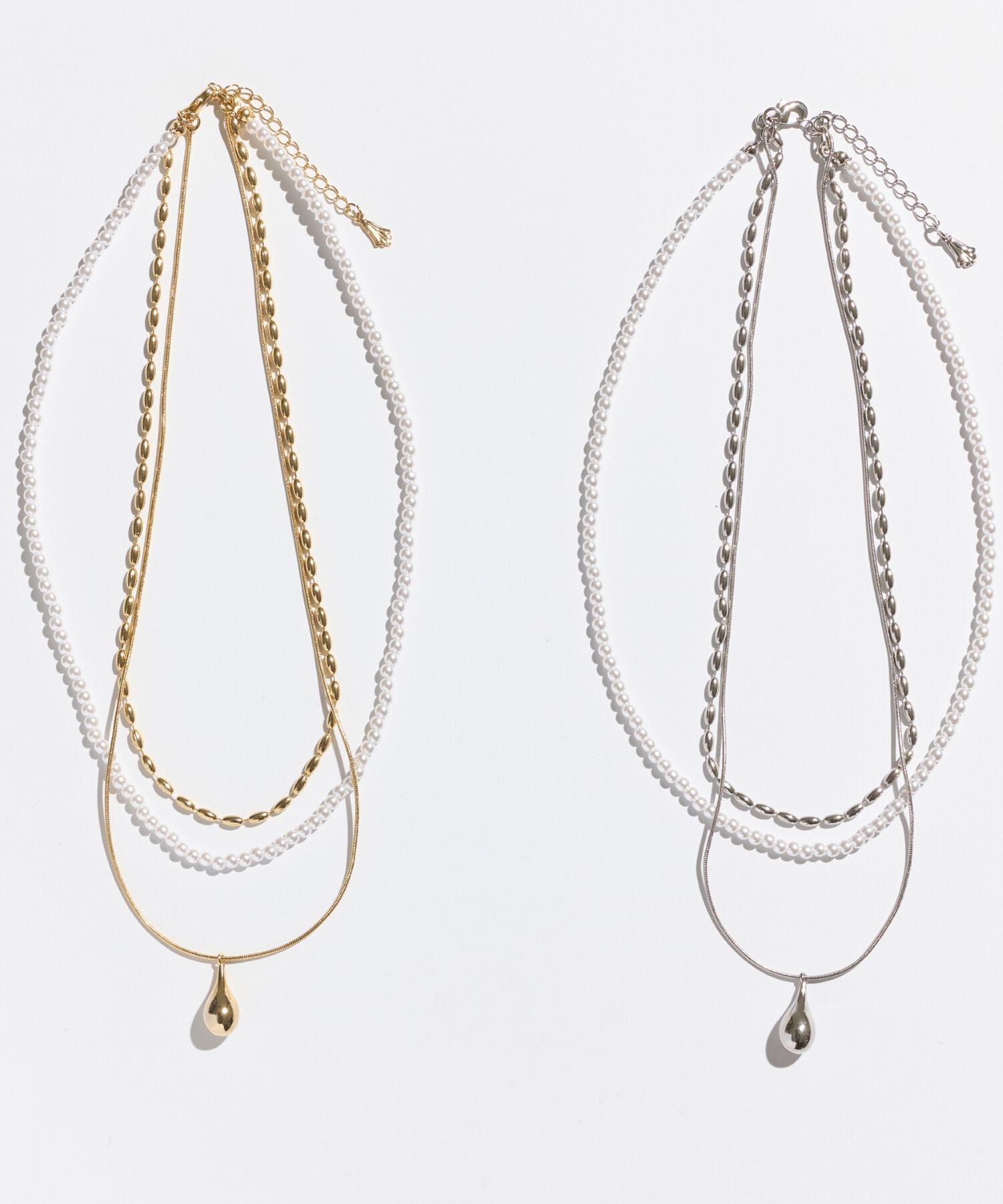 Phoebe「パール&times;ドロップメタル3連ネックレス　シルバー」|ネックレス|