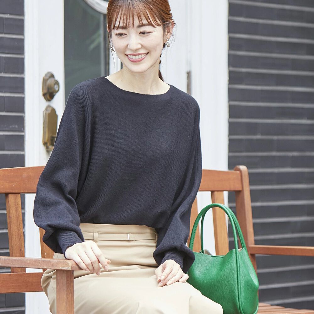 BACKYARD FAMILY「ニット レディース 長袖 通販 セーター トップス ボートネック ドルマンスリーブ きれいめ」|ニット・セーター|ブラック1