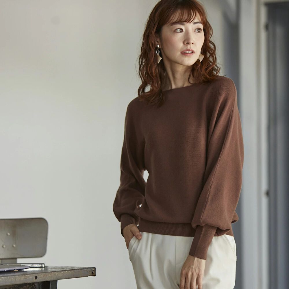 BACKYARD FAMILY「ニット レディース 長袖 通販 セーター トップス ボートネック ドルマンスリーブ きれいめ」|ニット・セーター|ブラウン1