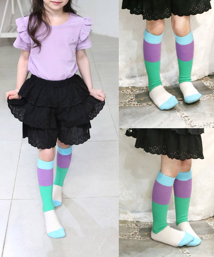 BACKYARD FAMILY「キッズ 女の子 ハイソックス 靴下 通販 しましま靴下 ソックス くつ下 膝下 配色 切り替え」|ソックス|