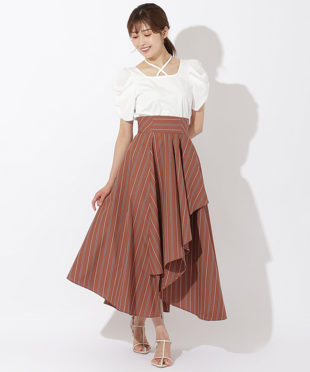 アンドクチュール「ストライプアシメラッフルスカート」|フレア|