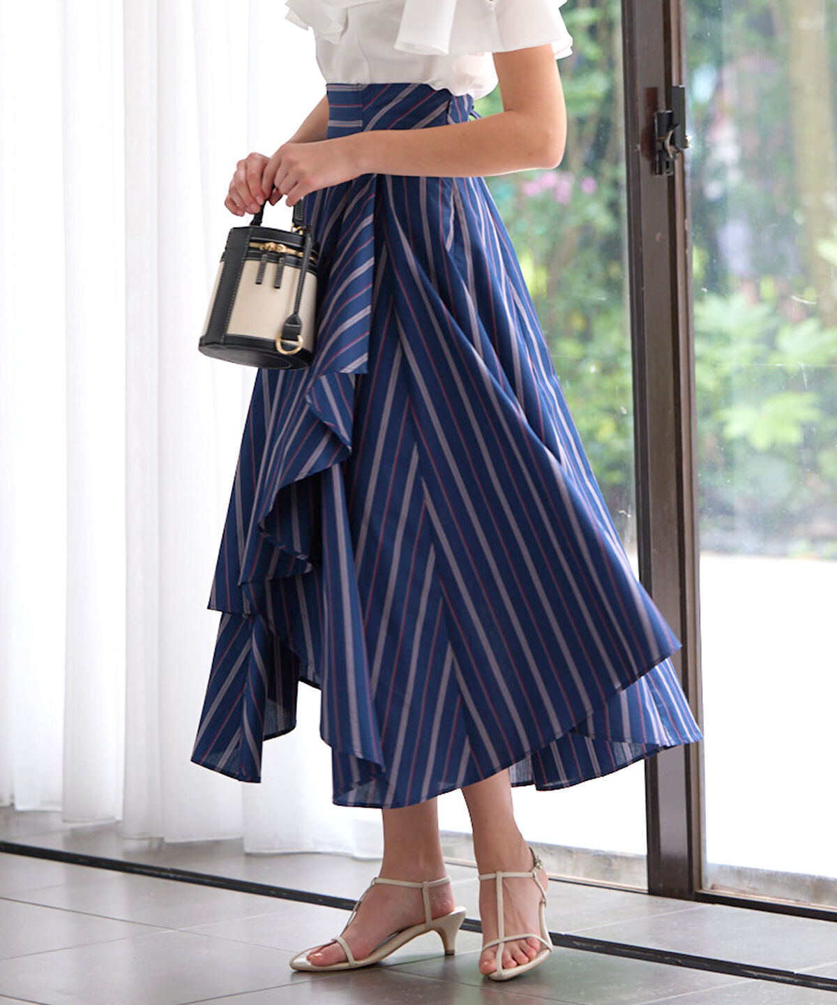 アンドクチュール「ストライプアシメラッフルスカート」|フレア|