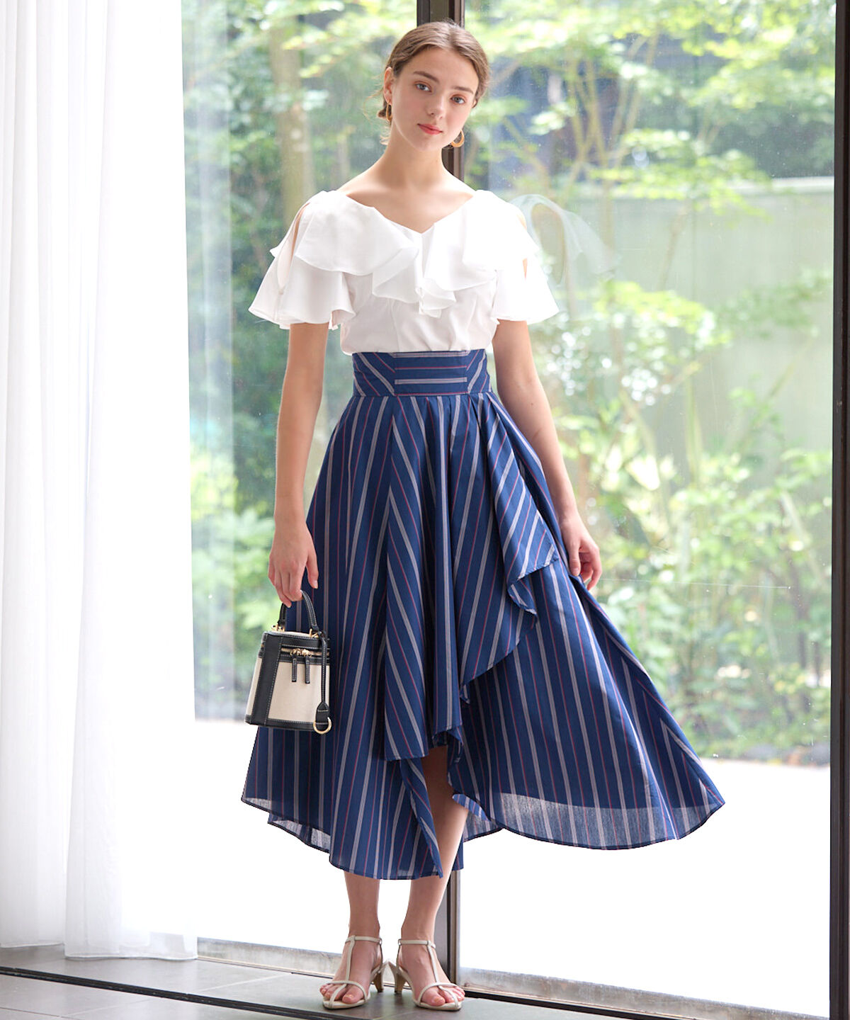 アンドクチュール「ストライプアシメラッフルスカート」|フレア|