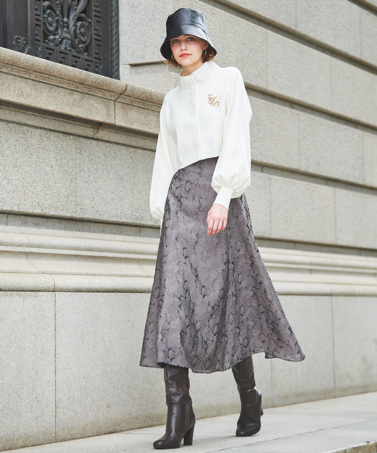 アンドクチュール「クロップトスタンドネックニットジャケット」|ノーカラージャケット|