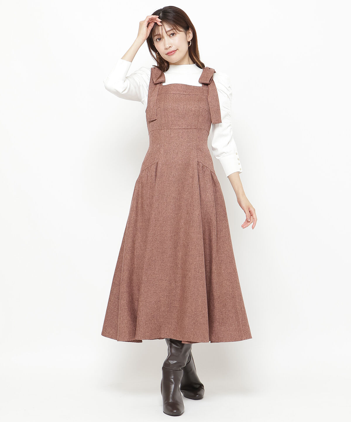 アンドクチュール「ツイードショルダーリボンジャンスカ」|ジャンパースカート|オレンジ