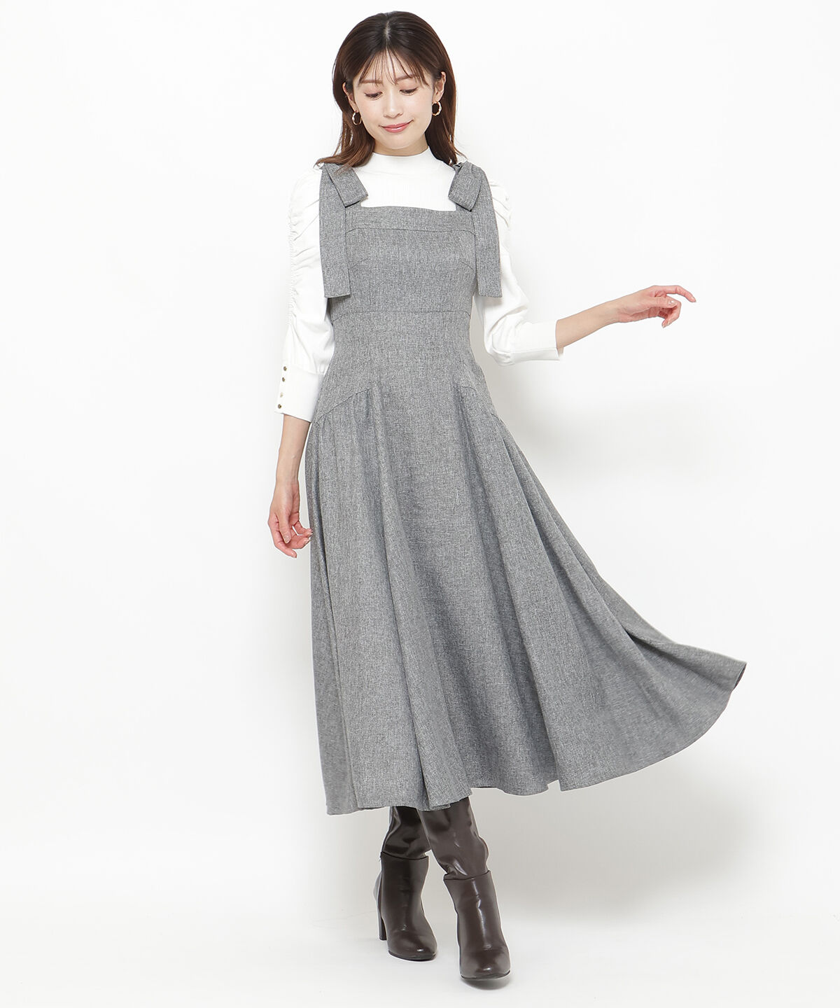 アンドクチュール「ツイードショルダーリボンジャンスカ」|ジャンパースカート|ブラック