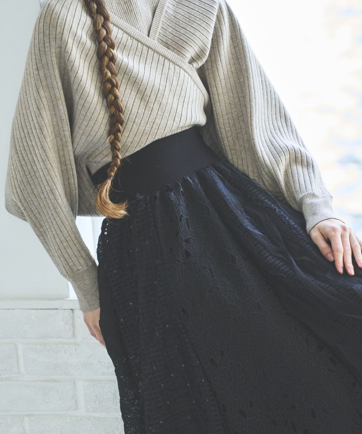 アンドクチュール「ウエストリブレースMIXロングスカート」|フレア|