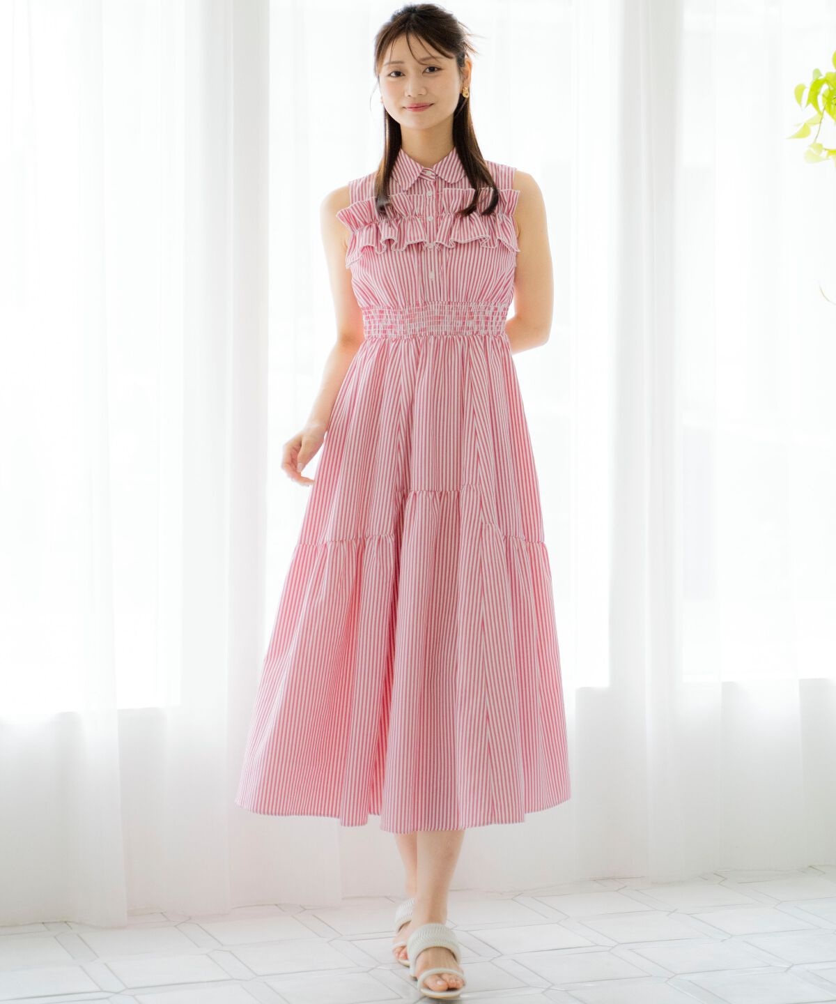 アンドクチュール「ヨークフリルストライプシャツワンピース」|ワンピース|