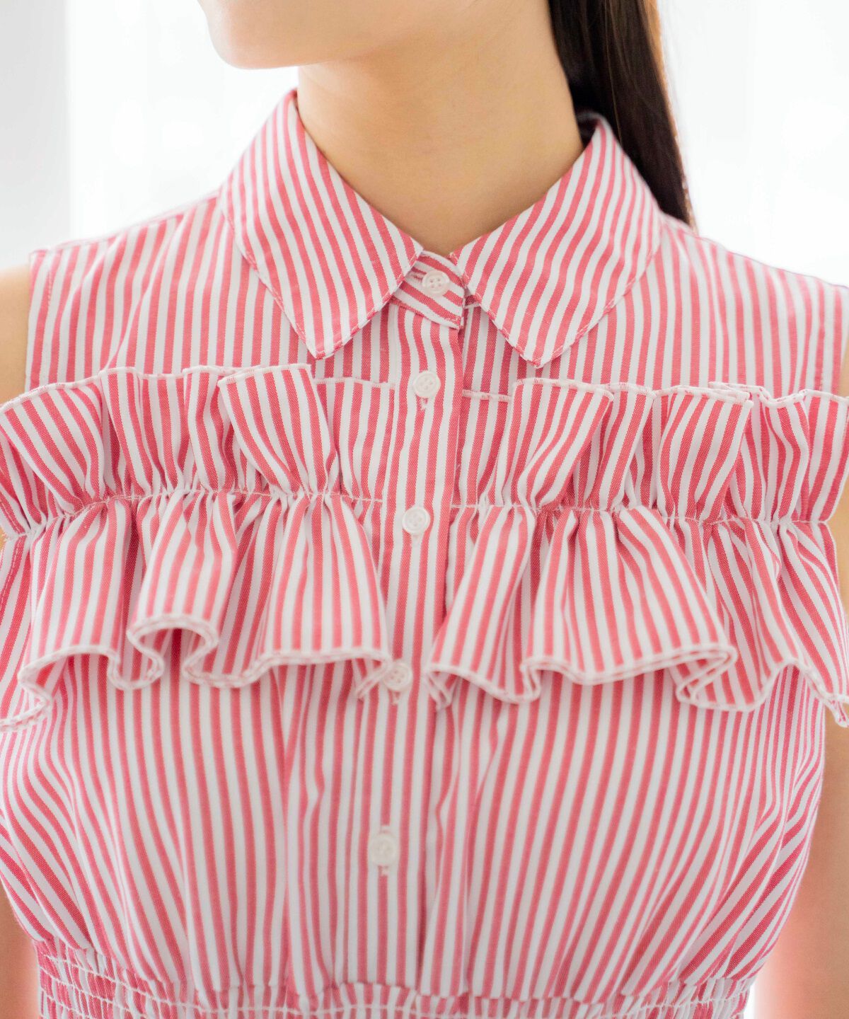 アンドクチュール「ヨークフリルストライプシャツワンピース」|ワンピース|